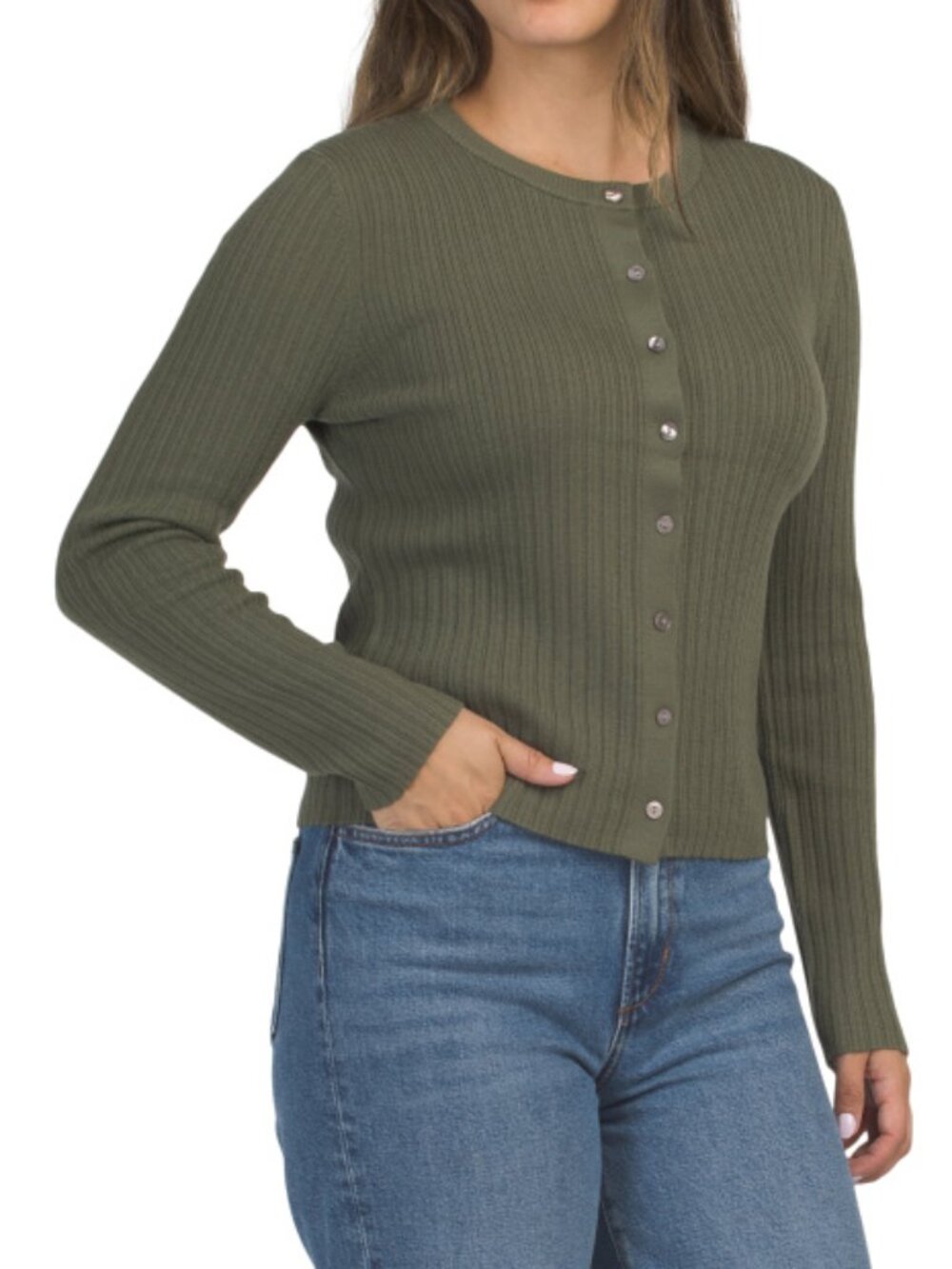 RACHEL ZOE Extrafine Merino Wool Crew Neck Slim Fit Cardigan